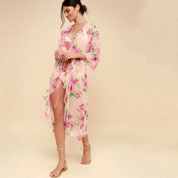 Lulus Poolside Vibes Blush Pink Floral Print Cover-Up Ruffle Front Feminine - Picture 10 of 10